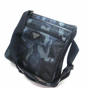 PRADA Shoulder Bag Black Blue Camouflage Canvas Leather